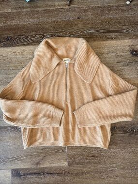 Open Edit -Women's Zip-Front Ribbed Sweater - Camel
